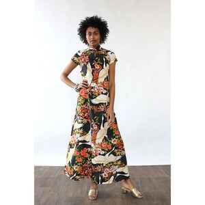 Vintage Hilo Hattie's Floral Crane Maxi Dress Mandarin Collar Modern Size M